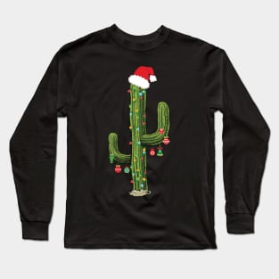 Cactus Christmas Tree Lights Wearing Santa Hat Long Sleeve T-Shirt